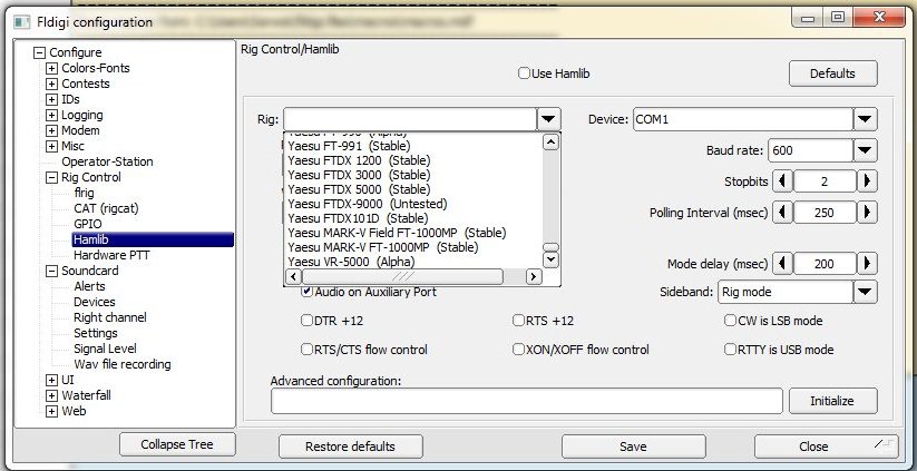 FLDIGI lista obsługiwanych transceiver'ow